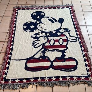 Vtg Disney Mickey Mouse Fringe Tapestry Throw Blanket Patriotic Stars Stripes